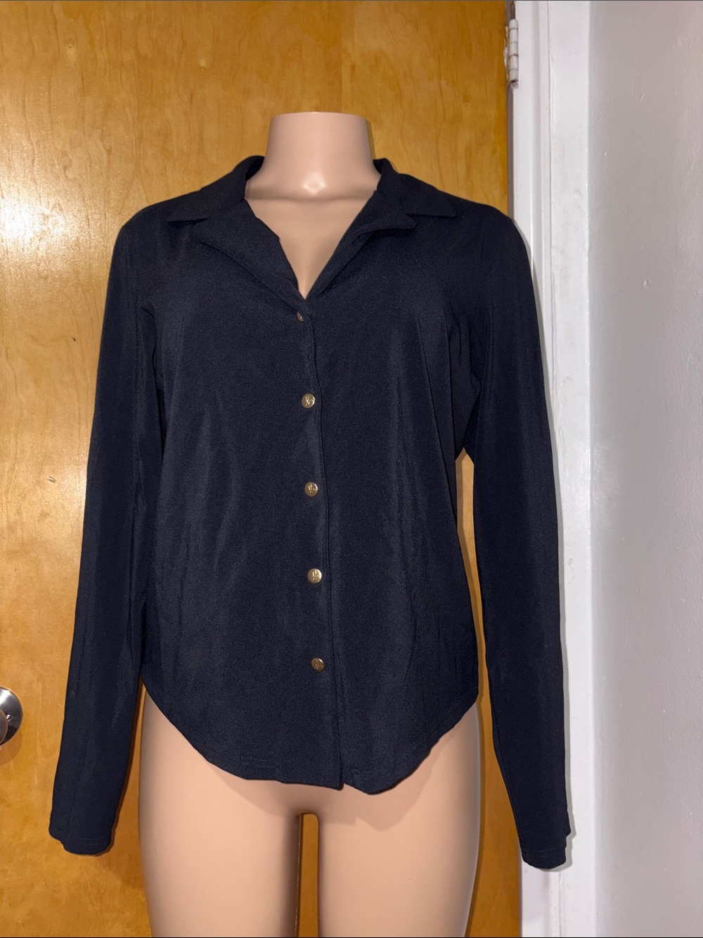 Agnes B. Black Long Sleeve Button-Down Shirt with Gold Buttons